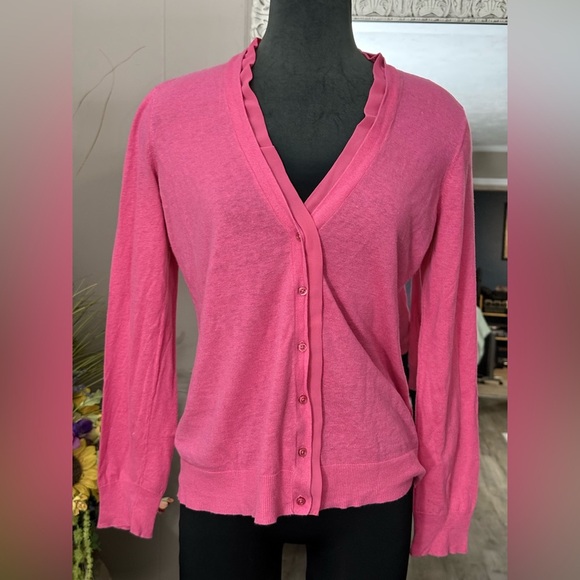 Ralph Lauren • V-Neck Chiffon Trim Linen Blend Cardigan - Picture 1 of 9